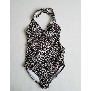 Isabel Maternity Medium One Piece Swim Suit Black Brown Halter Tie Built in Bra